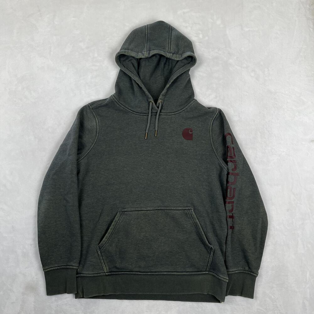 Carhartt Hoodie Youth 8-10 Green Sleeve Logo Fleece Kangaroo Pocket Pullover